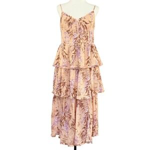 House of Harlow 1960 Tiered Maxi Dress Floral Print Peach Lace Up Bustier Size S